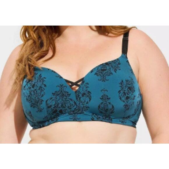 Torrid Curve Blue Skull Damask Dream Wire Free Push Up Bra sz 46DD - Picture 1 of 4
